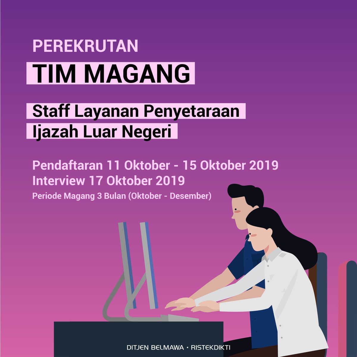 Kemdiktisaintek's tweet image. Halo #SobatBelmawa!

Subdirektorat Pengakuan Kualifikasi, Kemenristekdikti membuka kesempatan untuk bergabung magang sebagai Staff Layanan Penyetaraan Ijazah.

Yuk simak informasinya dan jangan lupa tag teman kalian yang membutuhkan informasinya!

#Ristekdikti #Belmawa #Magang
