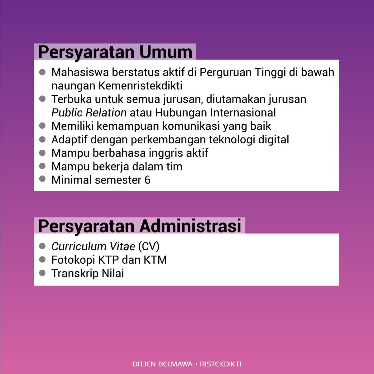 Kemdiktisaintek's tweet image. Halo #SobatBelmawa!

Subdirektorat Pengakuan Kualifikasi, Kemenristekdikti membuka kesempatan untuk bergabung magang sebagai Staff Layanan Penyetaraan Ijazah.

Yuk simak informasinya dan jangan lupa tag teman kalian yang membutuhkan informasinya!

#Ristekdikti #Belmawa #Magang