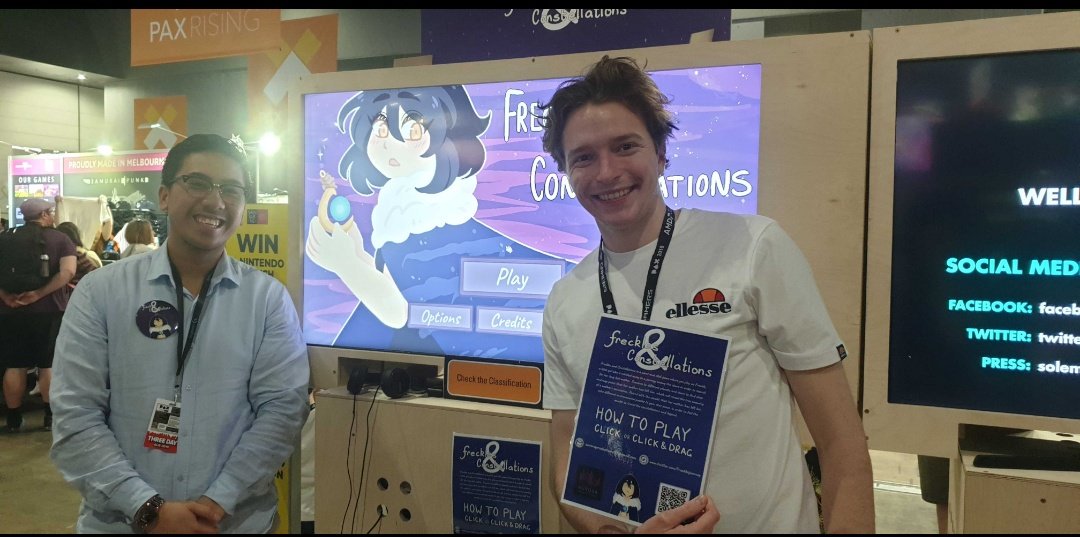Frecklesjourney's tweet photo. Booth Update! Our Producer and our Creative Director Kevin and Charlie have taken over the booth! Come and say hello to them, play some games, and ask all sorts of questions. We’d be happy to help out! #PAXAUS #Indiedev #pointandclick #auroraproductions #swingames https://t.co/UTWQttwAsF