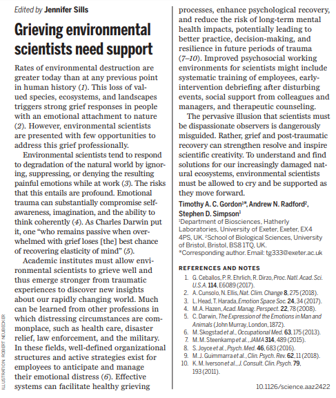 Grief can either blind us with tears or strengthen our resolve - environmental scientists must get this right. Check out our new #openaccess piece in @sciencemagazine today: science.sciencemag.org/content/366/64… #ecoanxiety #climatechange #xr #ExtinctionRebellion #climatecrisis #ScienceMatters