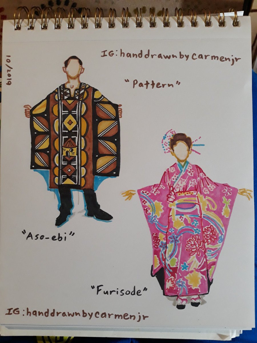 Sorry it's late!
Prompt - #Pattern 
'Aso-ebi and Furisode' by Carmen K Welsh Jr(c) - #asoebi #furisode #Nigeria #WesternAfrica #Japanese #traditionalclothing #ceremonial #inktoberday10 #Inktober #Inktober2019 
@TouchTwinMarker 
@PrismacolorUS