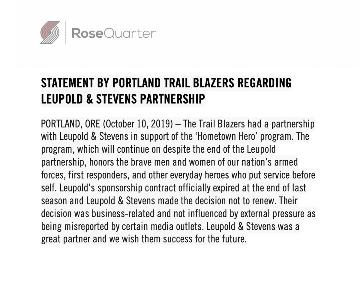 Statement by Portland Trail Blazers regarding Leupold &amp; Stevens partnership