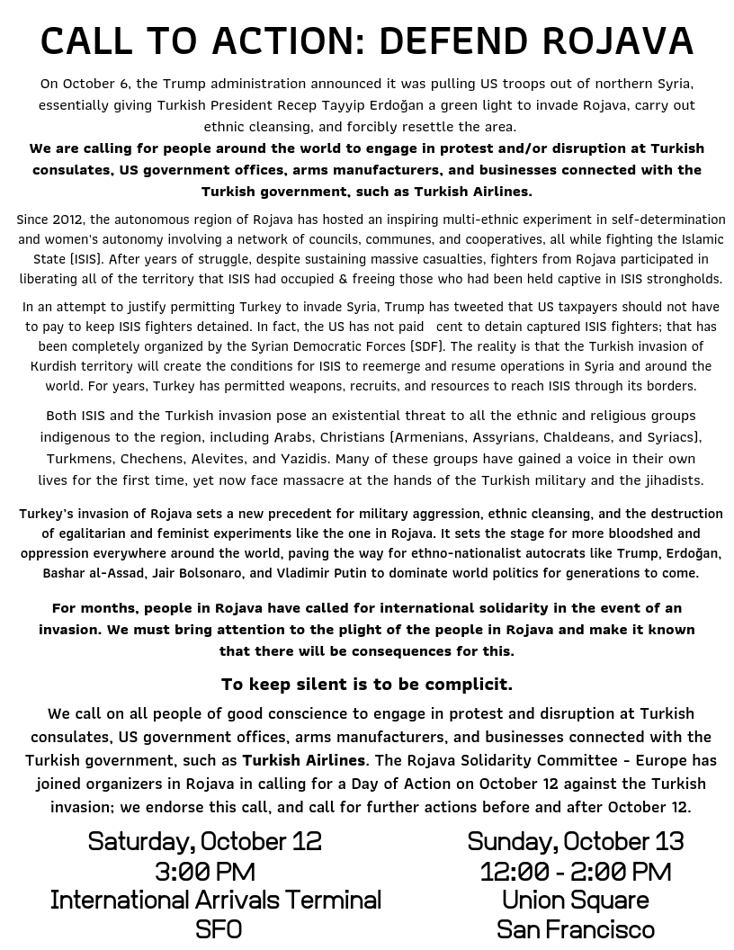 alloutbay's tweet image. This Saturday and Sunday, Oct 13 and 14, stand with us in solidarity with Rojava, fighting against Turkey's brutal assault against a beautiful world of autonomous life. #fight4rojava