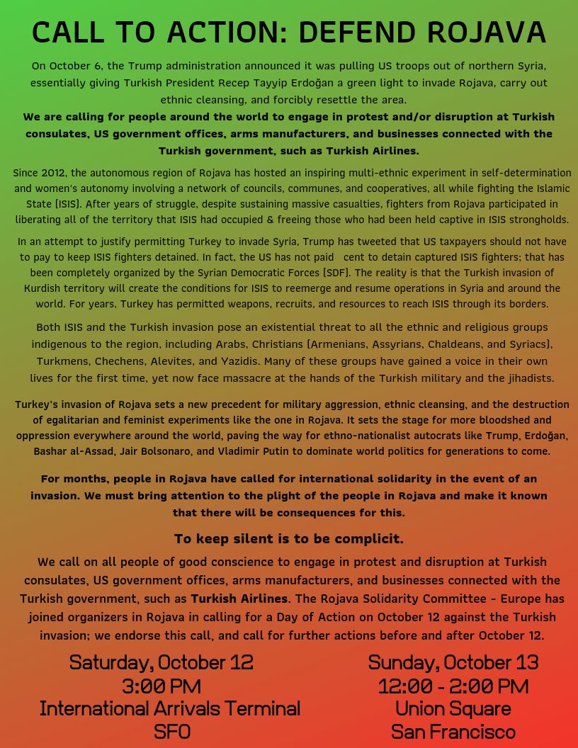 alloutbay's tweet image. This Saturday and Sunday, Oct 13 and 14, stand with us in solidarity with Rojava, fighting against Turkey's brutal assault against a beautiful world of autonomous life. #fight4rojava