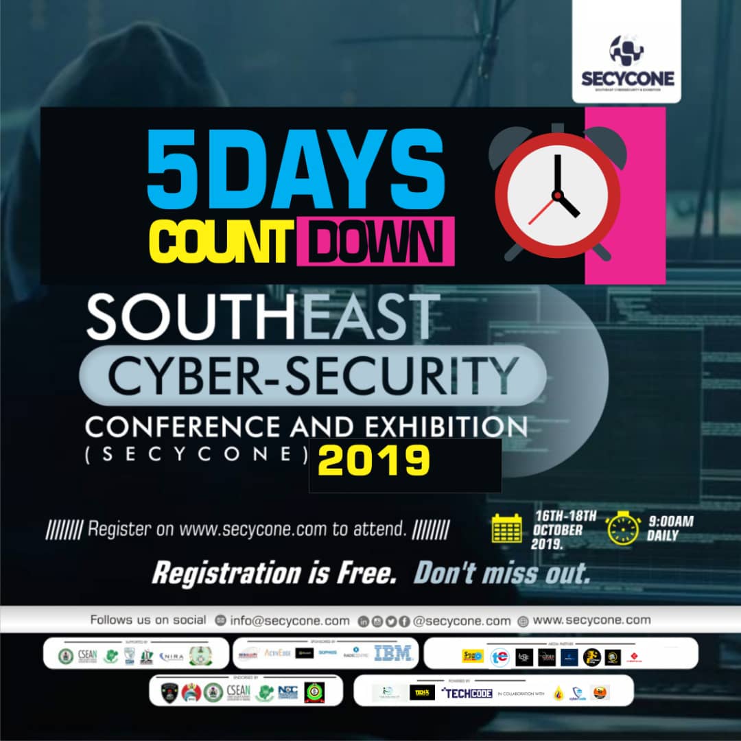 TechcodeN's tweet image. Southeast Nigeria, Are you ready. Southeast cybersecurity conference and exhibition 2019 is here. Don't miss out, To Register 👉 bit.ly/Secycone. Registration is free. Location is Enugu. Date. 16th-18th October 2019. #Secycone2019
#Becybersmart
#Thinkbeforeyouclick, .