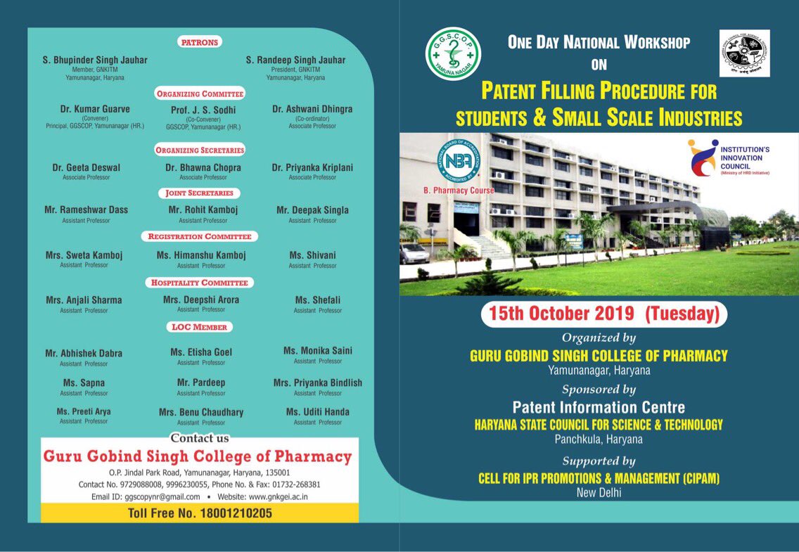 GGSCOP's tweet photo. Awareness Workshop on 
Patent Filling Procedure for Students and Small Scale Industries on 15Oct 2019.
@abhayjere @mhrd_innovation @DrRPNishank @GGSCOP https://t.co/bepOlp0SdP