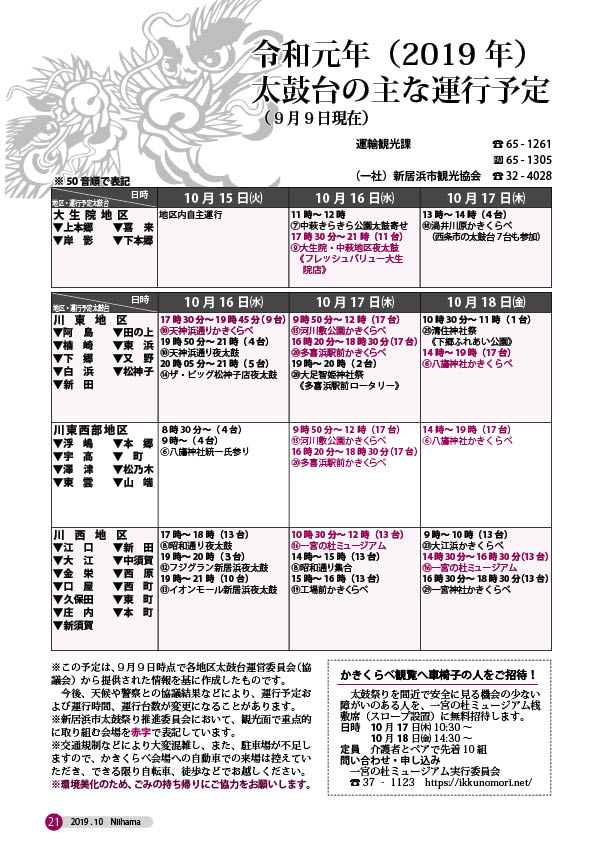 新居浜市役所 太鼓台の主な運行予定 いよいよ15日から 市内各地区で新居浜太鼓祭りが始まります けがや事故のない楽しい秋祭りにしましょう 市政だより10月号抜粋 秘書広報課