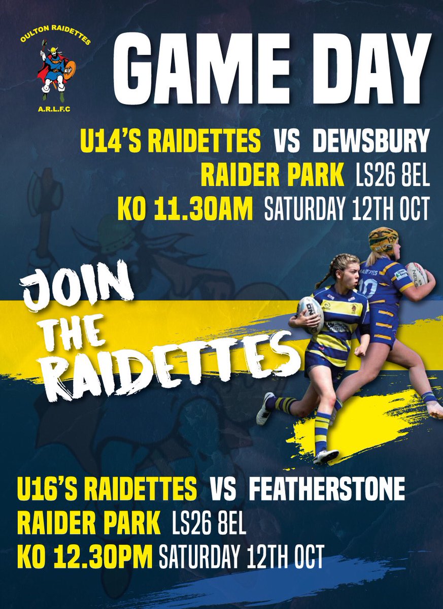 Last league game before they head into play offs - our U14’s and 16’s girls need your support this weekend... please come down and show yours if you are free 💙💛#thesegirlscan #oultonraiders #raidettes #RugbyLeague