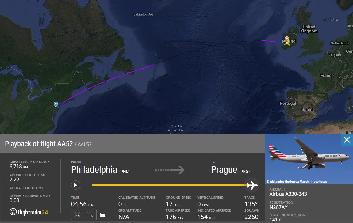 AirportWebcams's tweet photo. INCIDENT: American #AA52 Philadelphia to Prague (Airbus A330 N287AY) just landed at PRG three hours behind schedule after diverting to Shannon at 0500UTC today with a medical emergency on board (head injury from a fall - via ATC).

Livestream with ATC: https://t.co/YXzSatoFtW https://t.co/nKbwLeH8e1
