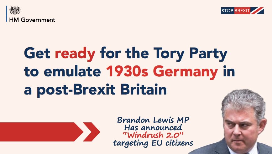  #GetReadyForBrexit The press's chirpy optimism RE the Boris&Leo show hides the ugly future of post- #Brexit Britain:  #BrandonLewis' announcement that a ToryGovt wld deport EUcitz who fail to "register"(reminder: it's not registration, but application & application can be denied).