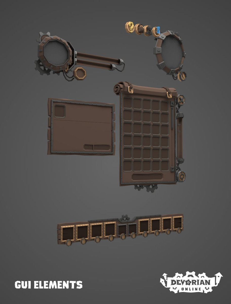 DevorianRealms's tweet photo. Current GUI elements for our alpha version, soon to be implemented for further testing and adjustments. Cogwheels, wee!
#gamedevelopment #gamedev #steampunk #steampunkgame #lowpoly #lowpolygame #lowpolyart #gamedesign #unity #unity3D #devorianonline #devorian #darksheep #blender https://t.co/RDECAZehJc