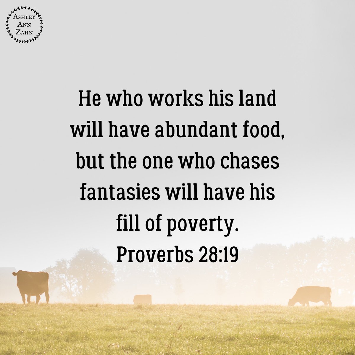AshleyAnnZahn's tweet photo. He who #works his #land will have #abundant #food, but the one who #chases #fantasies will have his fill of #poverty. #Proverbs 28:19
#proverbsforliving #proverbsforlife #proverbsforbusiness https://t.co/6qLfns3iJ6