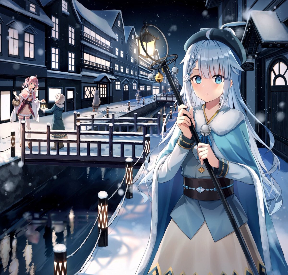 multiple girls blue eyes long hair snowing holding night outdoors  illustration images