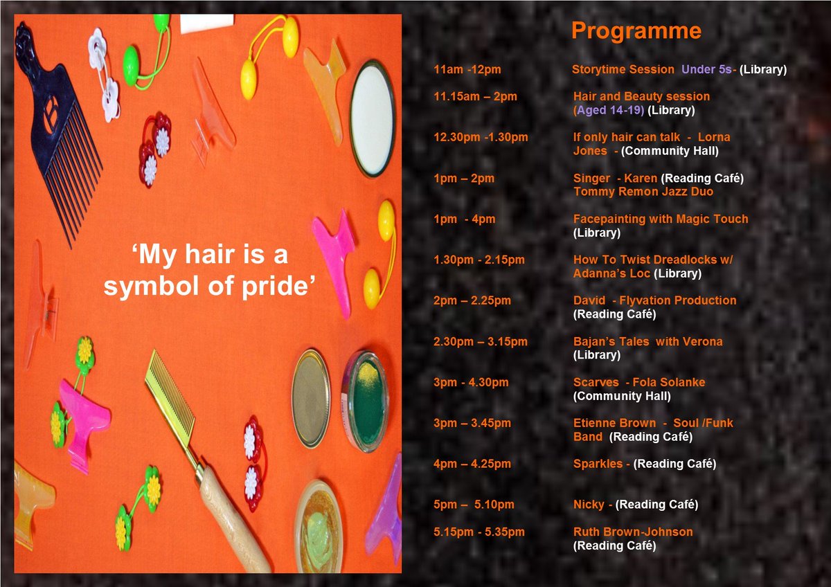 wnorwoodlibrary's tweet photo. Join us for our Celebrating Black Hair event on Saturday 12 October from 11am - 6pm – We have a free, range of family friendly activities for all ages.
#SE27parents #FoWNL #Lamlibs #blackhistorymonth #WN_Feast #ShadesandBeautyInternationalHairsalon #gjembelish #NorwoodForum https://t.co/8qTQ5YxdTY