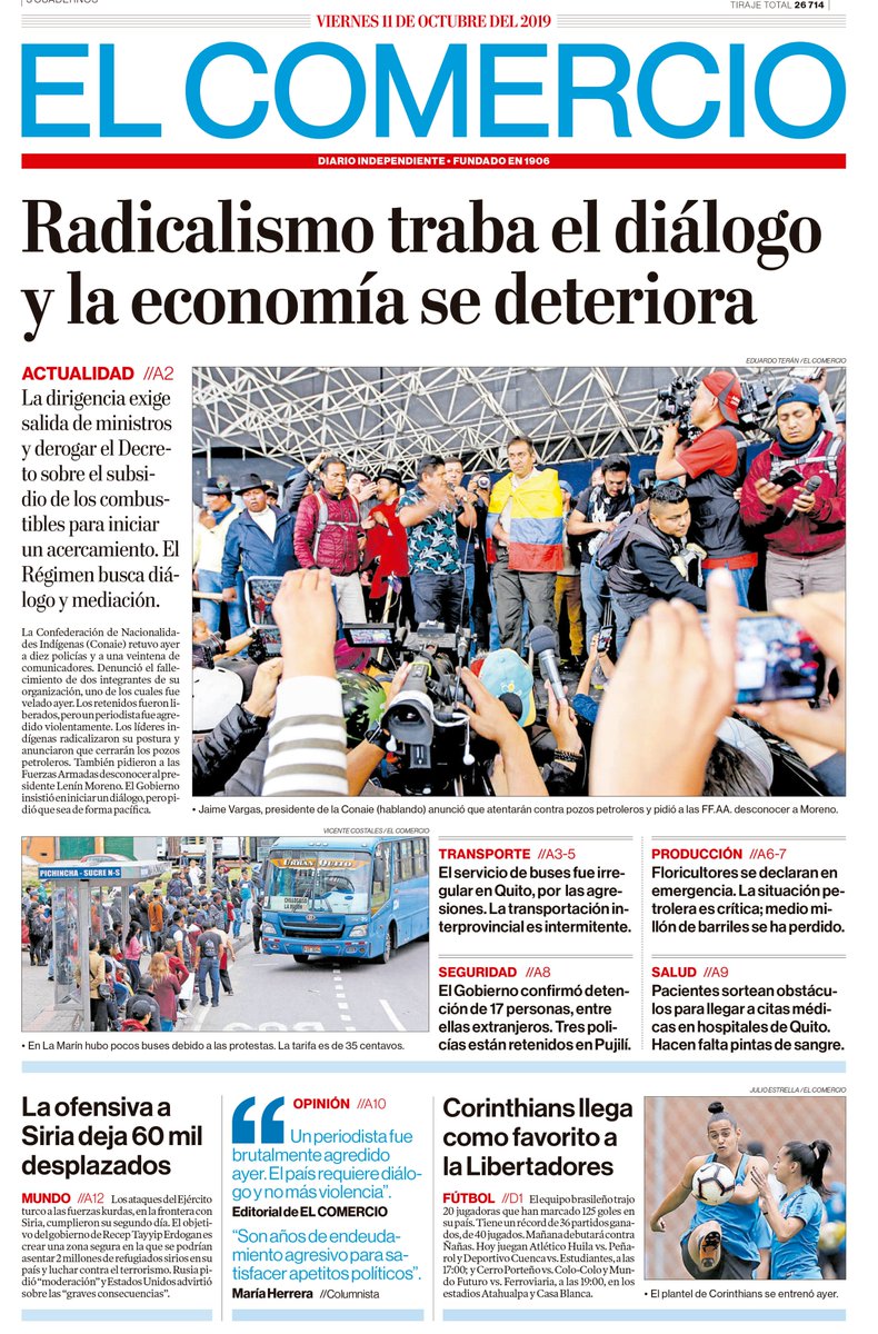 elcomerciocom's tweet photo. Amigos, compartimos parte de la #PortadaEC de este viernes 11 de octubre del 2019.

La ampliación de estas y más noticias en https://t.co/N73zaExB9c

No olviden revisar ediciones anteriores de El Comercio en: https://t.co/XPuk9oIHq0 https://t.co/73COs303u2