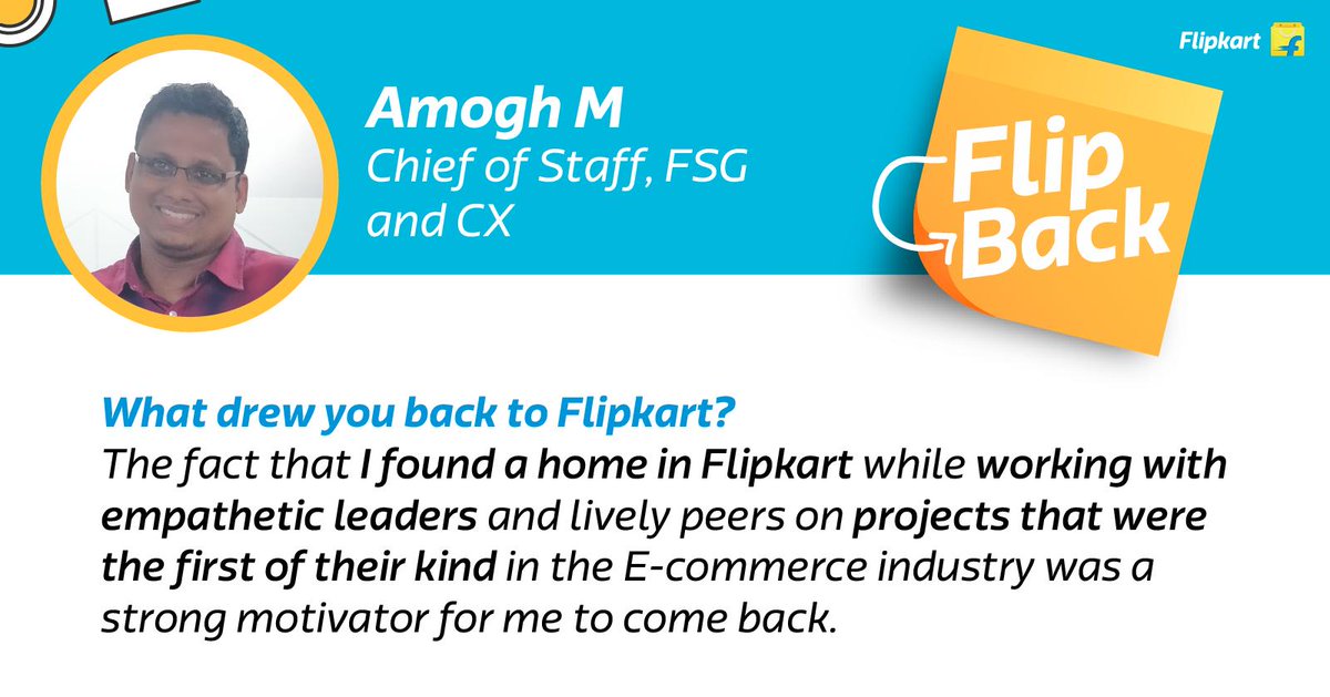WorkAtFlipkart's tweet photo. We talk to Amogh M, Chief of Staff for our Fulfilment and Services Group (FSG) in this edition of #Flipback! Read on to know how the opportunity to work on high-impact innovative projects brought him back to #Flipkart!
#Flipsters #SecondInnings #Culture #Values #People https://t.co/m5uHxz72rF