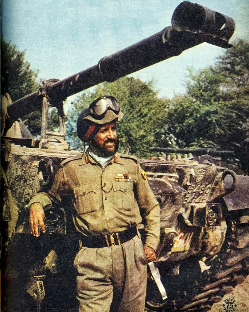 46 #RunawayPakArmy1965 - General Rajinder Singh 'Sparrow' posing in front of remnants of the 1st Armored Division of Pakistan