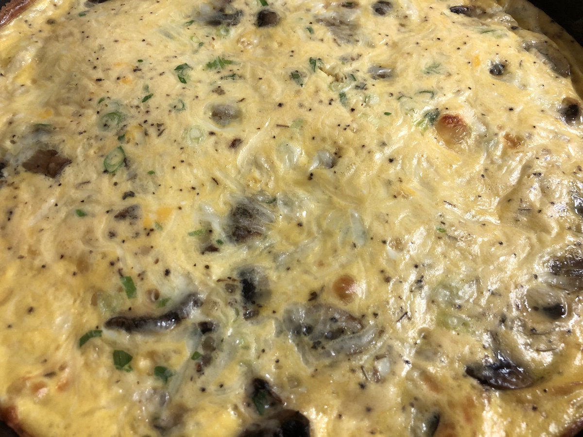 eriKaengle's tweet image. This field of eggy-looking deliciousness is a mushroom &amp;amp; cheese frittata, made using a dozen @okpoultry eggs, sliced mushrooms sautéed in @kerrygoldusa butter and #evoo with some yellow onion and green onion. Served with toasted, buttered waffles. #brinner (breakfast for dinner).