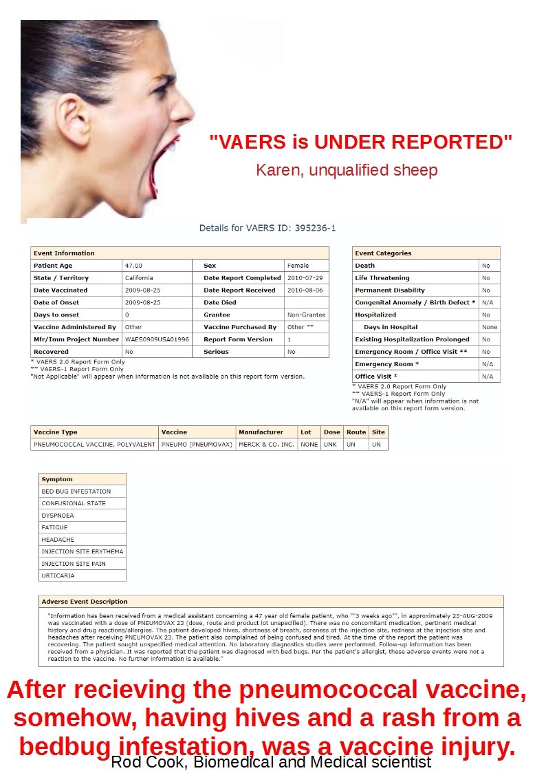 IsCoolScience's tweet photo. Apparently, according to AntiVaxxers, it’s Vaccine Injury Awareness month.
In keeping with this theme, here’s a VAERS vaccine injury - 395236-1, a vaccine injury caused by - a bed bug infestation.
#VaxInjury #VaccineInjuryAwarenessMonth #WillShe #Vaxxed #Highwire #HighwireTalk https://t.co/vPmB98YObw