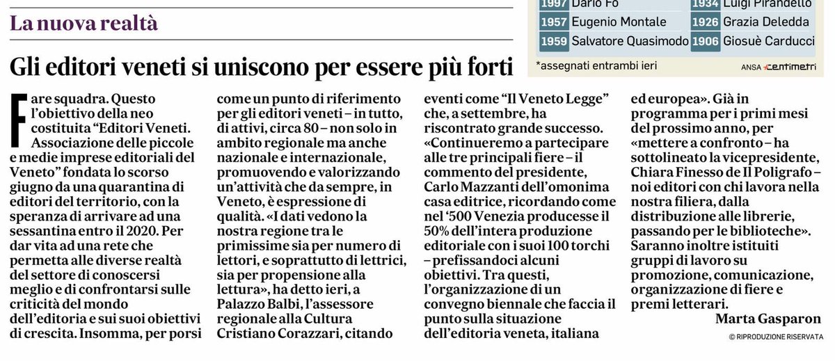 Grazie a Marta Gasparon per il pezzo su <a href="/Gazzettino/">Gazzettino</a> #libri #oggi #11ottobre