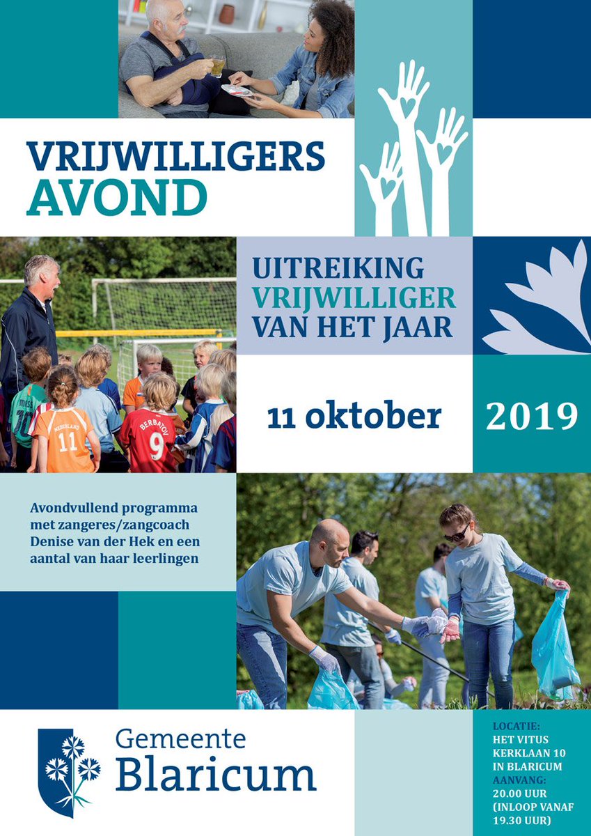 Ben je vrijwilliger? Dan ben je vanavond vanaf 19.30u van harte welkom bij de jaarlijkse vrijwilligersavond in het Vitus (Kerklaan 10). Het belooft een leuke avond te worden met optredens van Denise v/d Hek. De avond wordt je aangeboden door de gemeente als dank voor je inzet.