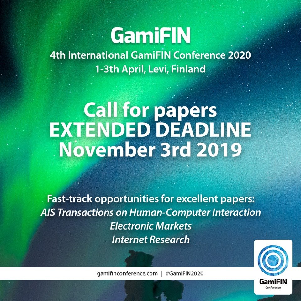 The deadline for submitting your papers to the leading #gamification conference, #GamiFIN2020, has been extended to November 3rd 2019!

We look forward to your submissions!

Find the full #CFP here: gamifinconference.com/cfp2020/ @TampereUni @ucpori #research