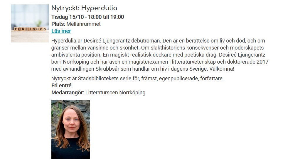 Tema_Barn's tweet image. Missa inte Desireé Ljungcrantz debutroman #Hyperdulia som hon ska presentera nästa tisdag på Norrköpings stadsbibliotek bit.ly/2MwxCnr