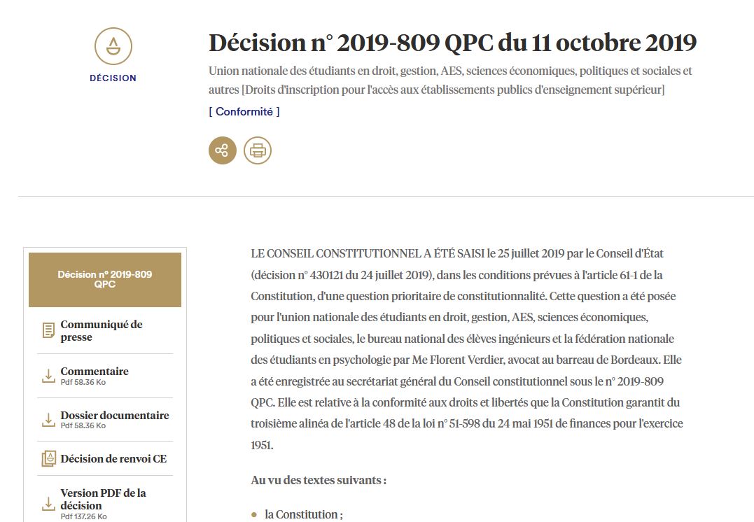 Conseil_constit's tweet photo. Décision n° 2019-809 QPC du 11/10/2019, Association Union nationale des étudiants en droit, gestion, AES, sciences économiques, politiques et sociales et autres [Droits d’inscription pour l’accès aux établissements publics d’enseignement supérieur] https://t.co/mjIRw8OBMx https://t.co/mHEOF6AuzN