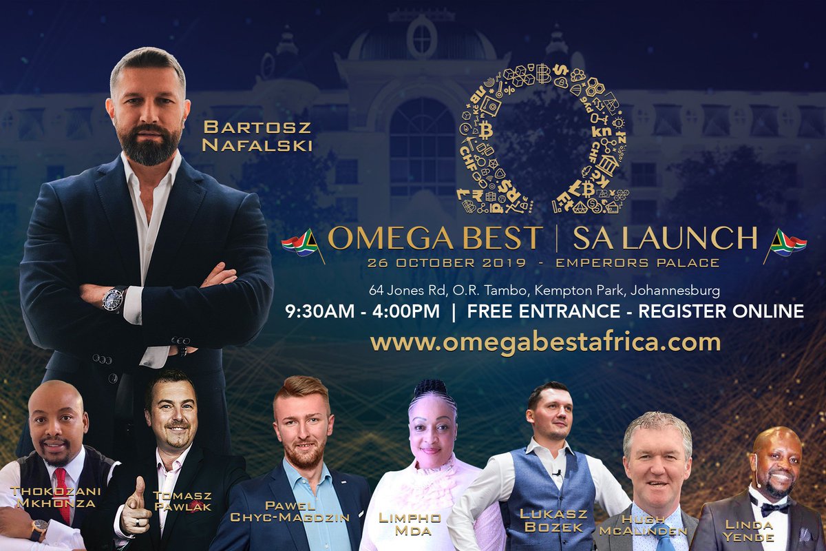 Register to attend the #OMEGASALaunch happening 26 October @EmperorsPalace. On the agenda #futurefinance #cryptocurrency #onlinemarketing #buildingteams #income. Get this.. It’s free! omegabestafrica.com