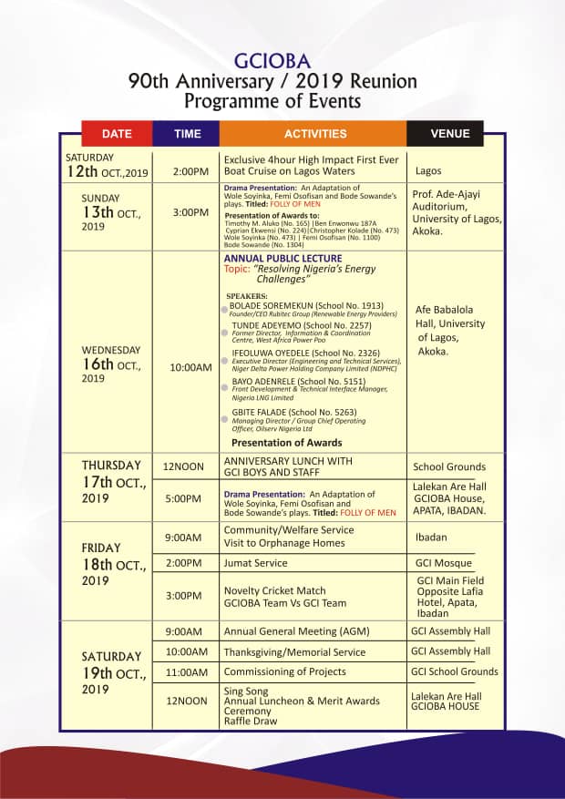 ibcityannouncer's tweet photo. Did you attend Government College Ibadan? Are you ready for the #GCIbadanAt90 Reunion Events? This is the official programme of events starting tomorrow 12th through 19th October 2019, from Lagos to Ibadan. #GovernmentCollegeIbadanAt90 #GCIOBA #CelebrateTheGreat #GCI2019 https://t.co/32FS7Ronbf