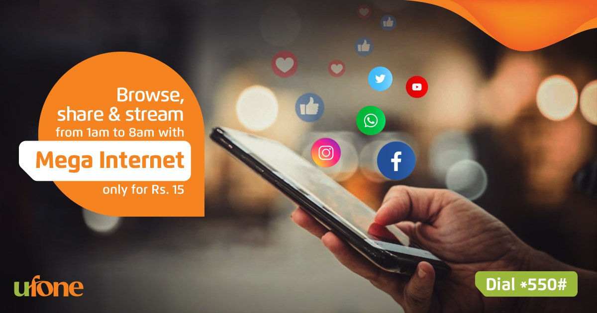 Ufone's tweet photo. Mega Internet ke sath dil khol kar browse, stream aur share karain, every night from 1am to 8am in just Rs 15! Dial *550#, or visit https://t.co/VTHZ8zebdW to subscribe online.

*Terms and conditions apply.

#Ufone #MegaInternet #InternetPackages #TumHiTouHo https://t.co/Zv7ZhAJqBk