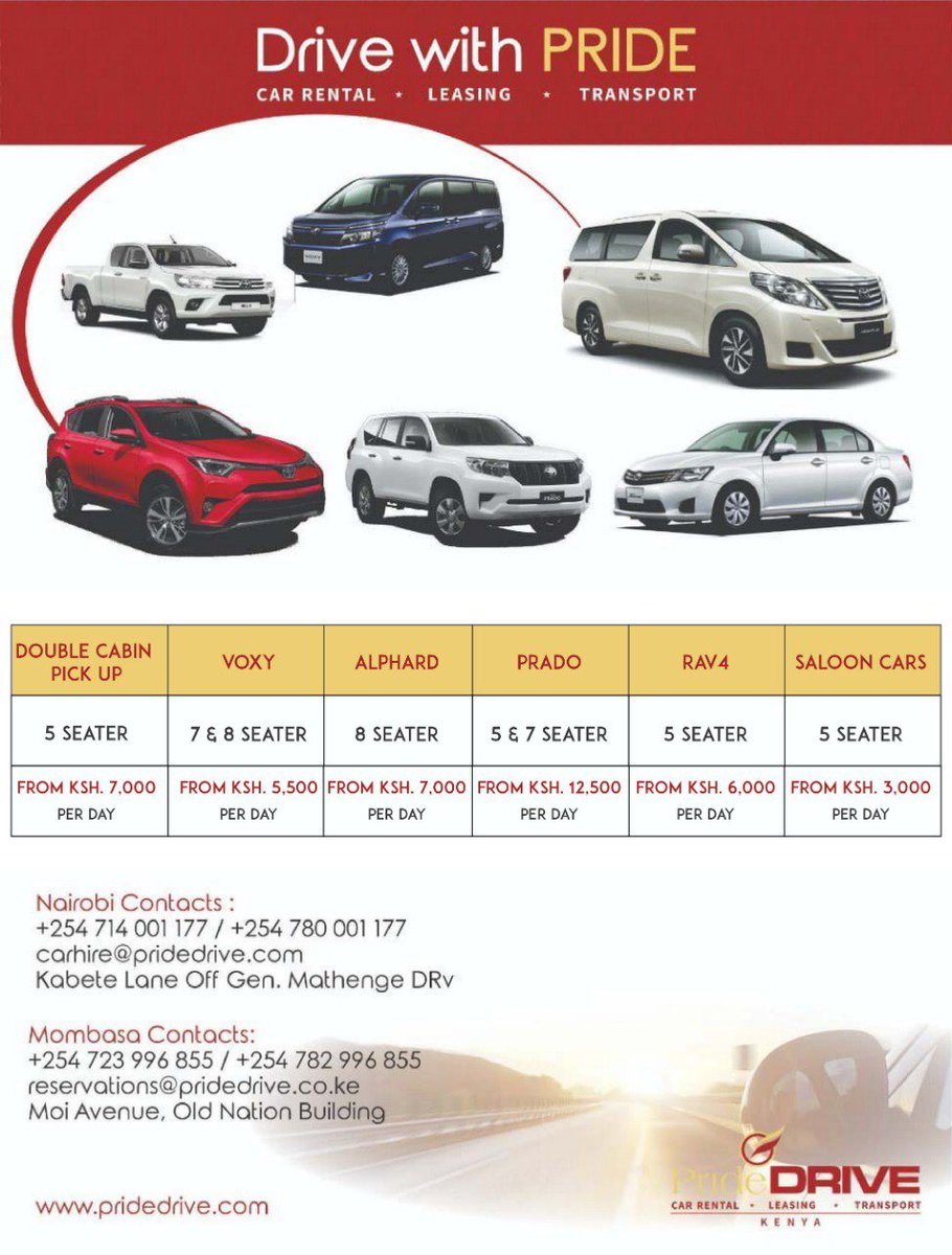 PRIDEDRIVE2's tweet photo. This Customer Service weekend we are going all out to provide you with solution oriented customer service in Car Hire Services ,Corporate Car Rental, Staff Transport,Airport Transfers,Taxi Services,Vehicle Leasing And Bus Shuttle Services. PRIDE DRIVE WE GOT YOU Call 0714 001177 https://t.co/qOTa5u8okh