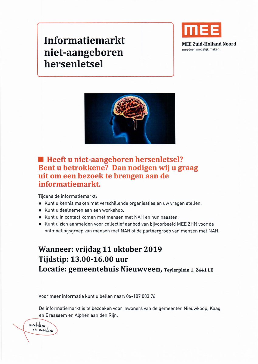 Hersenletsel.nl staat vanmiddag op de informatiemarkt in het Gemeentehuis Nieuwveen en ambassadeurs van de patiëntenvereniging verzorgen een workshop over de gevolgen van niet-aangeboren hersenletsel.