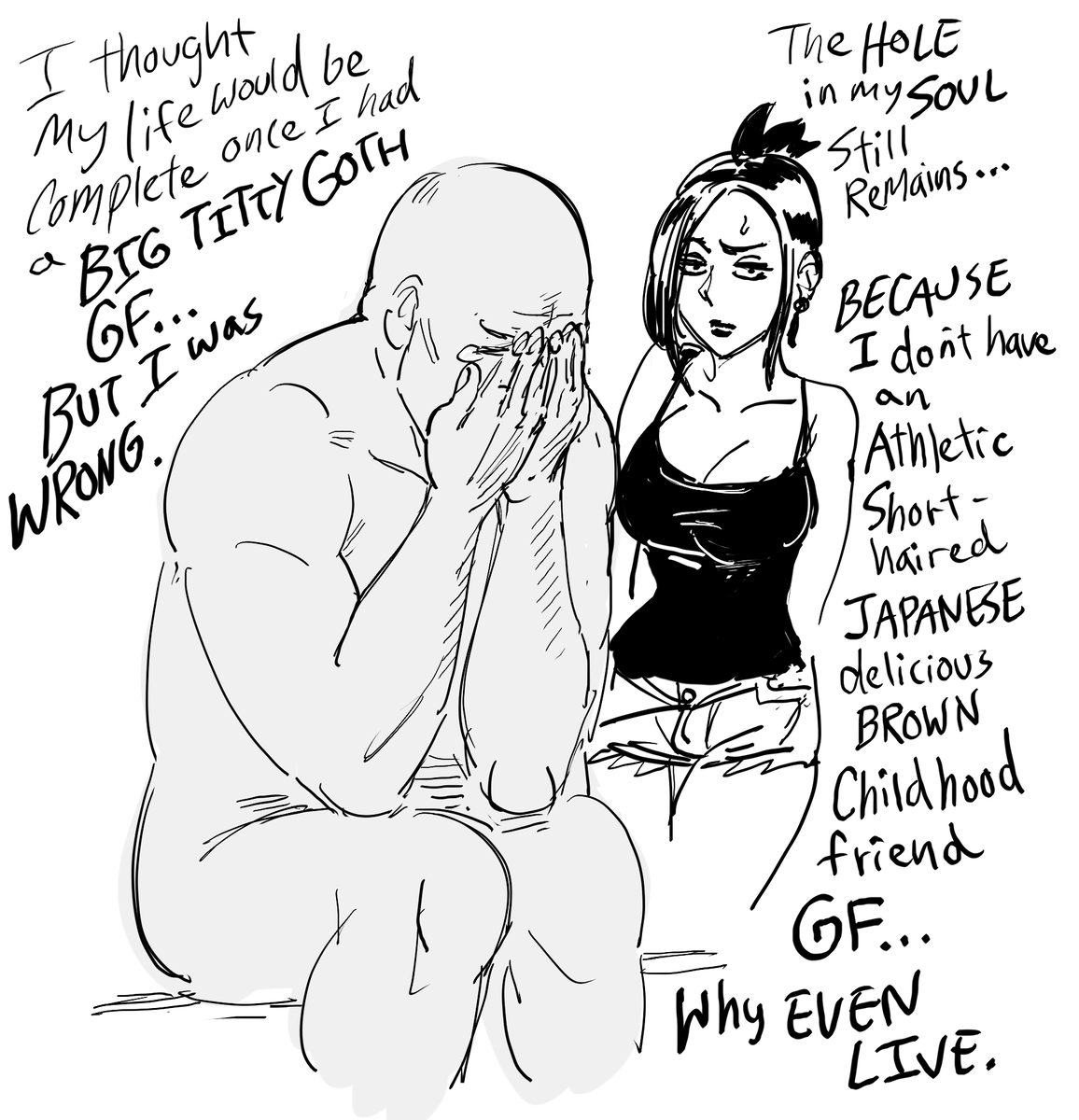 Baalbuddy (Commissions Closed) on X: Request: Man unfulfilled by his big  titty goth GF. Personally, I'd just like to say that the worst is having an  older sister fetish, but your fucking