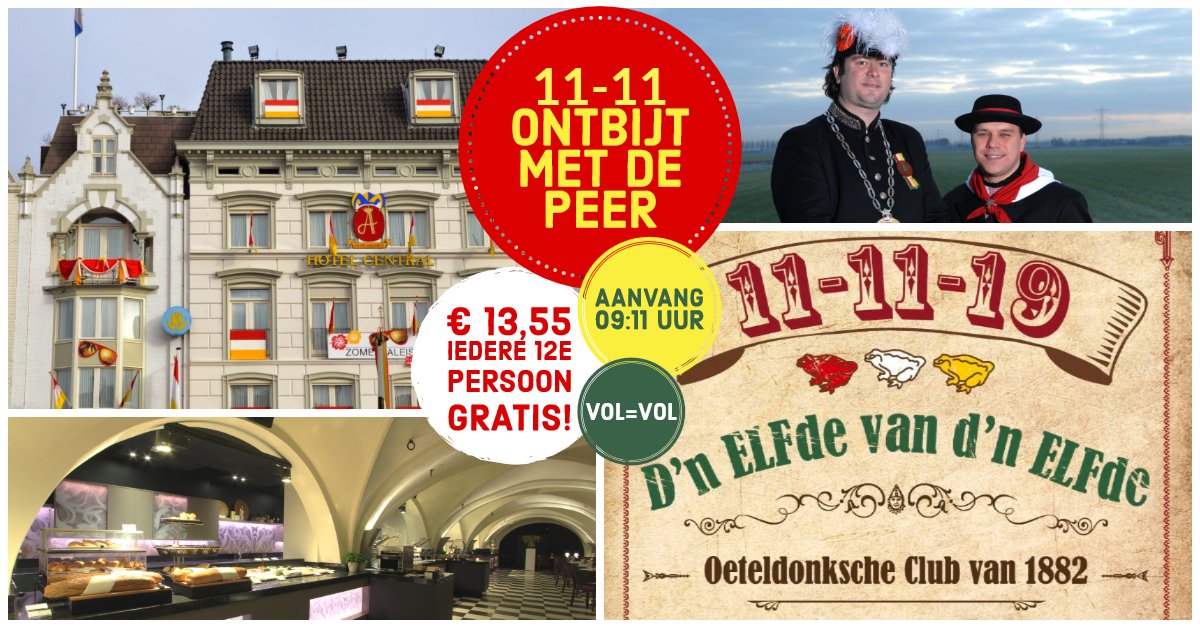 Op 11-11 het carnaval inluiden doe je in het Paleis van de Prins! Ontbijten met de Peer, er zijn nog een paar plaatsen beschikbaar en reserveren is mogelijk via tel.nr.073-6926926 of info@hotel-central.nl