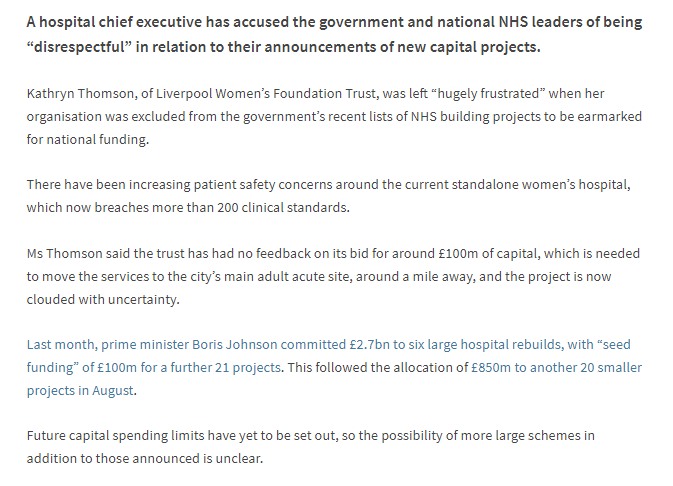 Liverpool Women's CEO criticises Govt &amp; NHSE/I for 'disrespectful' handling of NHS capital £ announcements.

LWH has mounting patient safety risks &amp; currently breaches >200 clinical standards, largely due to standalone site. They need £100m to relocate
hsj.co.uk/liverpool-wome…