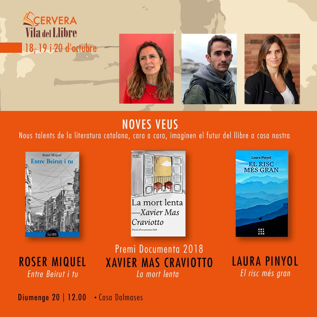 Noves veus de la ficció literària. 
Taula de debat entre nous talents de la literatura catalana: @laurapinyol, @rosermiq i @xmascraviotto  
Moderarà @jaume_barrull 
🗣👂👁‍🗨🤔☝️
#ViulesViles #CerveraVdL