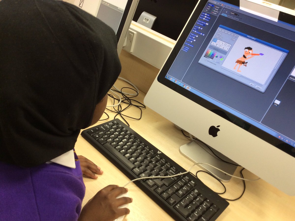 MissClayton9's tweet photo. Creating sprites and backgrounds on Scratch ready to create our Stone Age games with @MGLWorld_Paul #kingsleycomputing https://t.co/m3gvtBYut8