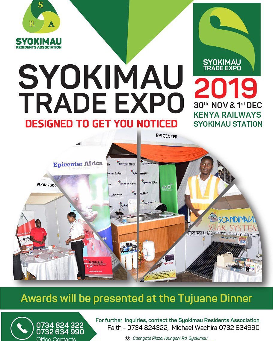 Syokimau Residents (@sra_syokimau) on Twitter photo #SyokimauTradeExpo
#SyokimauTrades
#DesignedToGetYouNoticed
#Exhibition
#INEOS159
<a href="/Isabellaolwenyo/">Isabella olwenyo</a> <a href="/CarolMuhoro/">Ciru Mwangi</a> <a href="/Steve_Nguru/">Steve Nguru</a> <a href="/BankofAfrica_Ke/">Bank of Africa</a> <a href="/kijalaj/">kijalaj</a> @Francis_Maliti <a href="/citizentvkenya/">Citizen TV Kenya</a> @KTNKenya <a href="/ntvkenya/">NTV Kenya</a> #SyokimauTradeExpo
#SyokimauTrades
#DesignedToGetYouNoticed
#Exhibition
#INEOS159
<a href="/Isabellaolwenyo/">Isabella olwenyo</a> <a href="/CarolMuhoro/">Ciru Mwangi</a> <a href="/Steve_Nguru/">Steve Nguru</a> <a href="/BankofAfrica_Ke/">Bank of Africa</a> <a href="/kijalaj/">kijalaj</a> @Francis_Maliti <a href="/citizentvkenya/">Citizen TV Kenya</a> @KTNKenya <a href="/ntvkenya/">NTV Kenya</a>