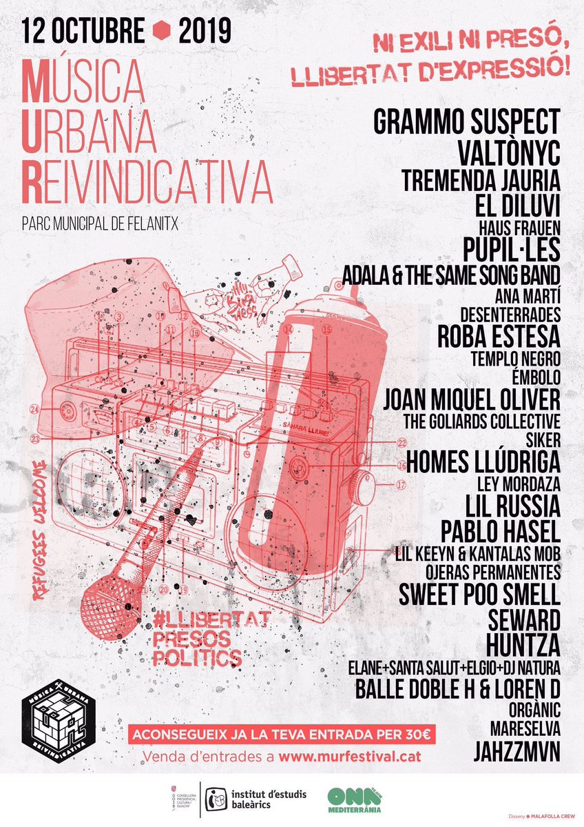 omnium's tweet photo. Avui se celebra el @MuRfestival, un concert de música reivindicativa i, alhora, una trobada de cultura popular al Parc municipal sa Torre de Felanitx (Mallorca). 

Ni exili, ni presó. Llibertat d'expresió! 🙌🏽 https://t.co/LciFHZoBf5 https://t.co/owmlsDkrp3