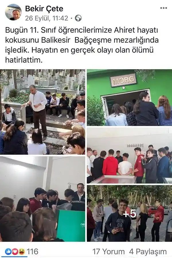 Balıkesir'de IHH yöneticisi din kültürü öğretmeninin derste imamla beraber bir öğrenciyi kefenleyip mezarlıkta "ahiret korkusu" konulu ders işlediği anlaşılalı birkaç saat oldu