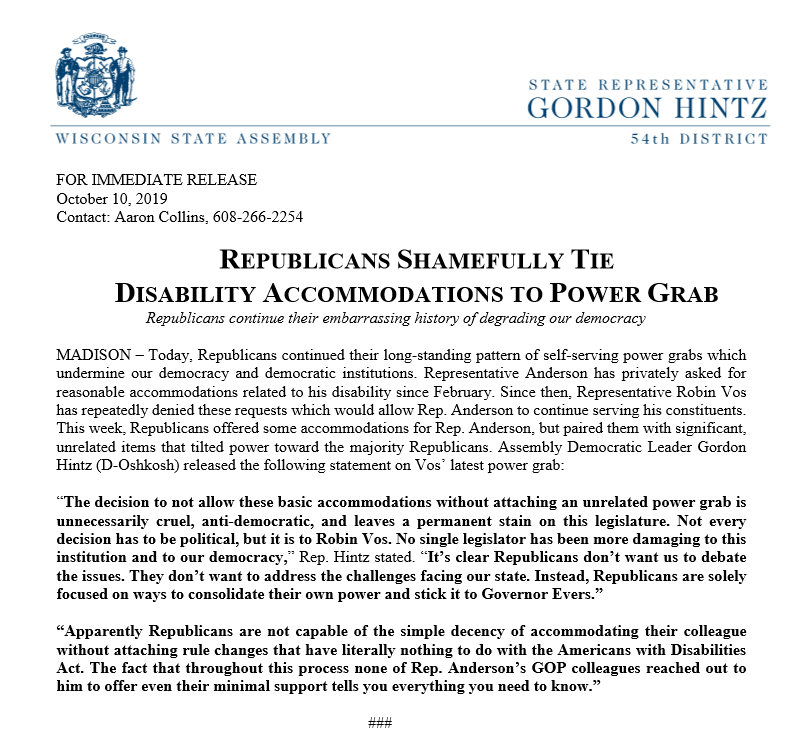 The decision to not allow these basic accommodations without attaching an unrelated power grab is unnecessarily cruel, anti-democratic, and leaves a permanent stain on this institution. 

Thank you to @Rep_Jimmy for exemplifying courage.

#WIPowerGrab #ISitWithJimmy