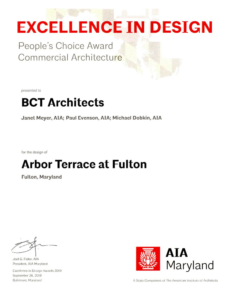 We are excited to receive the People's Choice Award for Commercial Architecture in the 2019 <a href="/AIAMaryland/">AIA Maryland</a> Excellence in Design Awards program for our #ArborTerraceFulton senior living project in #Fulton, MD.
<a href="/ForresterTweets/">Forrester Construction Company</a> <a href="/ArborCompany/">The Arbor Company</a> Capitol Seniors Housing