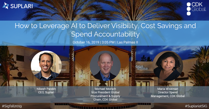 suplari_com's tweet photo. Heading to #SIGfall2019 next week? Don’t miss CEO @nikesh_parekh and @CDKGlobal's @MikeMorsch and Maria Wiseman as they speak about how you can achieve strategic objectives for your organization by leveraging #AI. #SuplariatSIG >> https://t.co/MEnpl0vdPt @SIGinsights https://t.co/13DQrGDo9Q