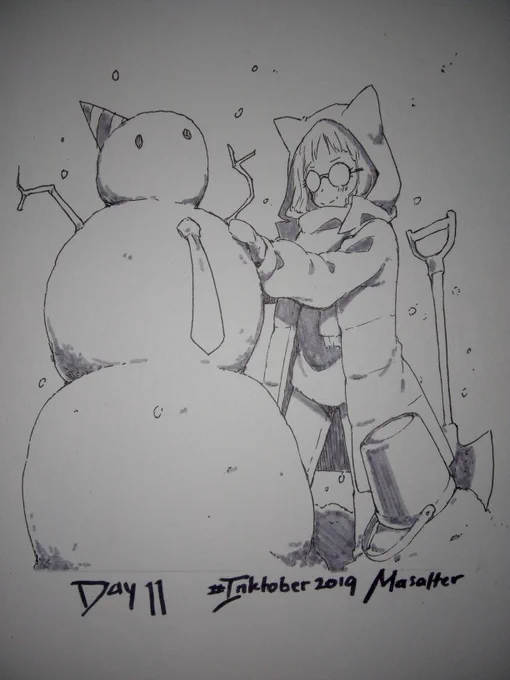 INKTOBER DAY 11"Snowman Season".feat. Octe#inktober #inktober2019 #inktobersnow #originalcharacter #shorthair #glasses #snowman #sketchbook #オリキャラ #ショートカット #メガネ #雪だるま 