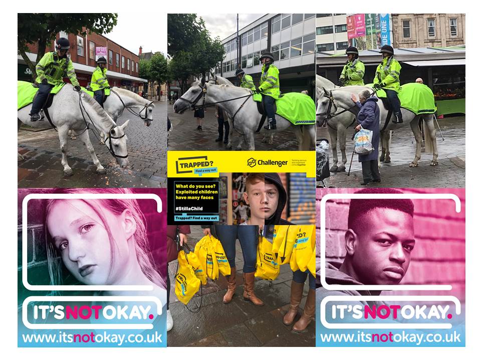 NotOkayTameside's tweet photo. #GMPMountedUnit & police horses #Cicero and #Steele assisting @NotOkayTameside with sharing the #itsnotokay and #trapped messages to visitors to #Ashton town centre this afternoon. Thank you for your assistance! @NotOkayGM @TamesideCouncil @jpruffle @GM_Challenger https://t.co/KebOaxci27