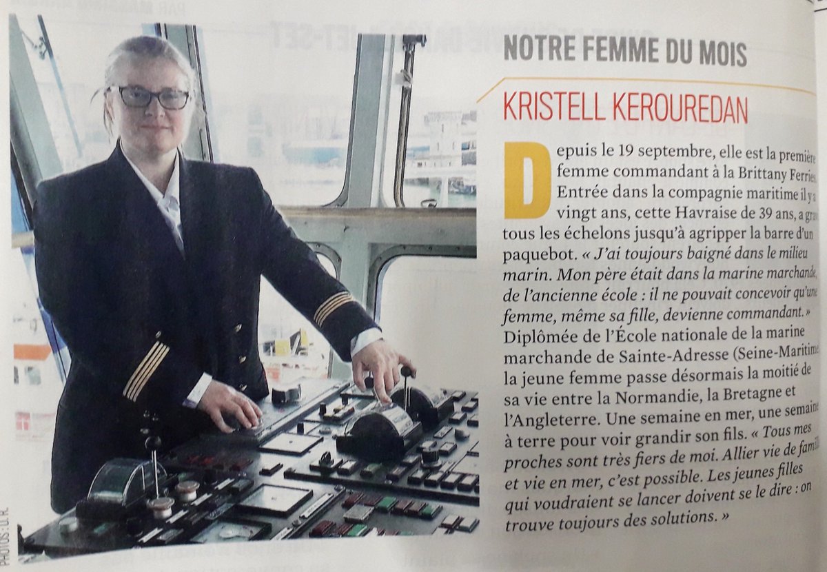 Article paru ce jour dans le magazine <a href="/VSDmag/">VSD</a>.
Leur femme du mois : Kristell Kérourédan, première femme commandant de #BrittanyFerries.
"Tous mes proches sont très fiers de moi. Allier vie de famille et vie en mer, c'est possible".
💪