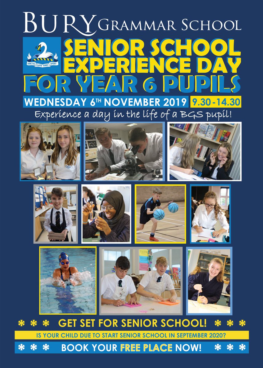 Bury Grammar Boys (@bgsboys) on Twitter photo If your child is due to start Senior School in September 2020, maybe they would like to experience a day in the life of a BGS Senior School pupil.
To book your free place on our Experience Day, please call our admissions team on 0161 696 8600 or email admissions@burygrammar.com. If your child is due to start Senior School in September 2020, maybe they would like to experience a day in the life of a BGS Senior School pupil.
To book your free place on our Experience Day, please call our admissions team on 0161 696 8600 or email admissions@burygrammar.com.