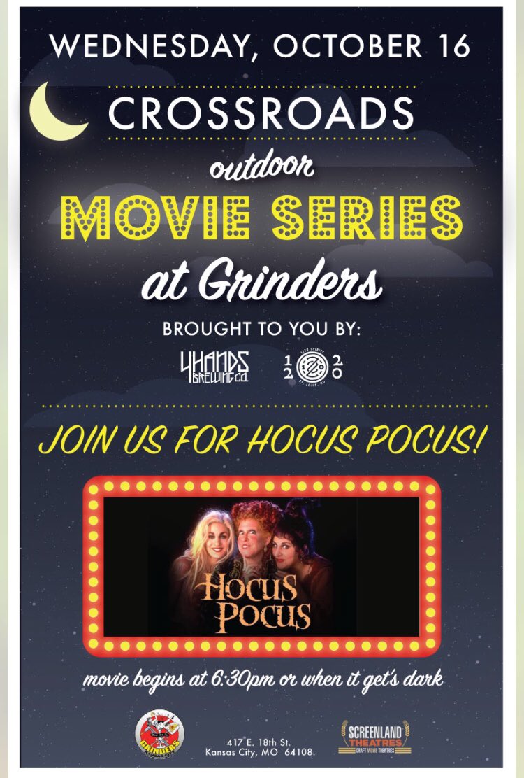 Join us next Wednesday, Oct 16th @GrindersKC for the final movie in our outdoor series. Showing Hocus Pocus at dusk to kick off the fall season. Bring your lawn chairs and blankets!  Drinks from @4HandsBrewingCo and @1220spirits Big thanks to @armourtheater