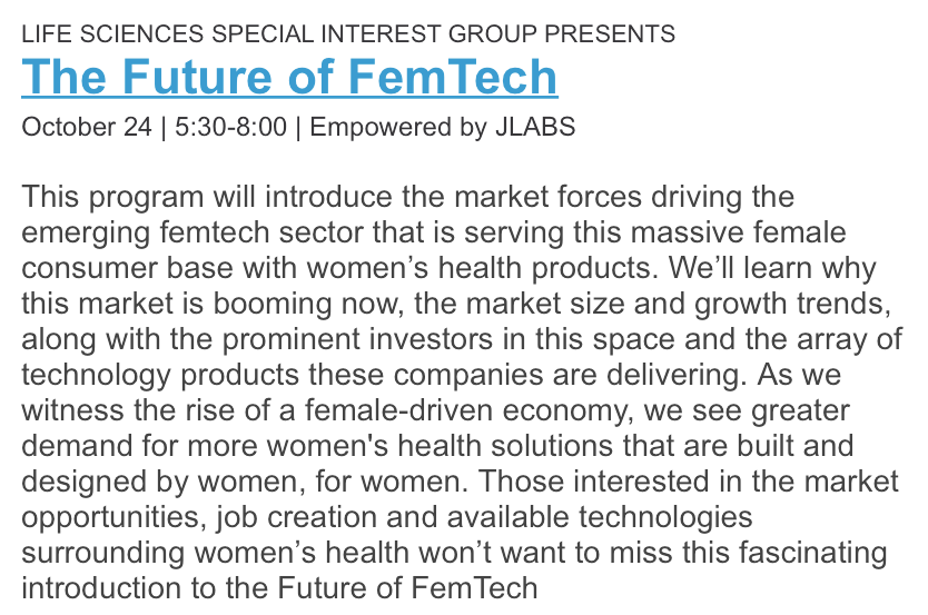 AthenaSTEMWomen's tweet photo. Join us for The Future of FemTech event at @JLABS
October 24 | 5:30-8:00

CLICK HERE to meet the panelists and register: https://t.co/kqw4ZqusFw https://t.co/SvzTMSfdfM